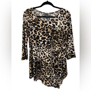 Clara Sunwoo Leopard Animal Print Asymmetric 3/4 Sleeve Jersey Tunic Top‎ Size S